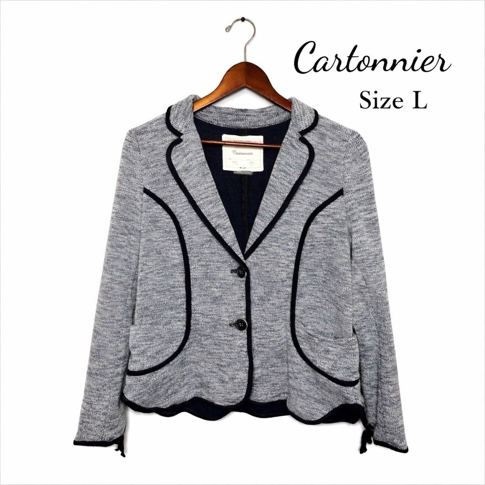 Cartonnier Anthropologie Grey Marled Knit Blazer Navy Piping Scalloped Hem L